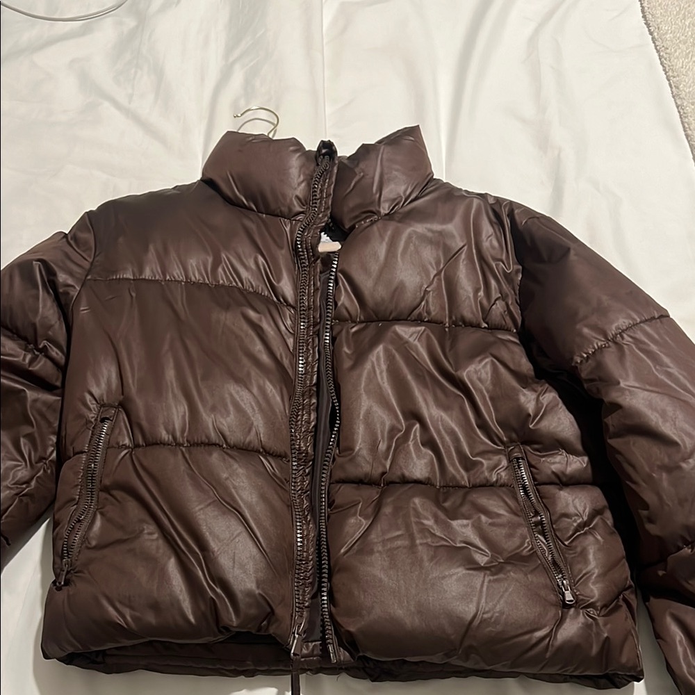 Old Navy Brown Puffer Coat with High Collar and Quilted Design